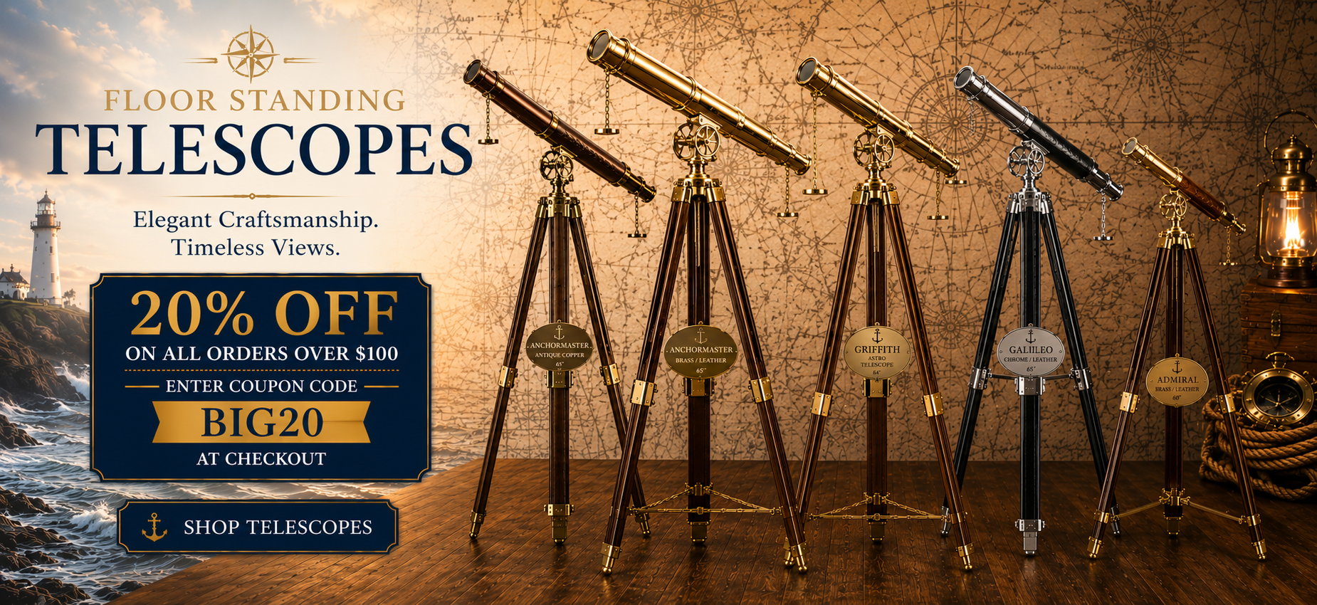 Antique brass telescope on tripod with 20% off sale banner for orders over $100 at Brass Binnacle
